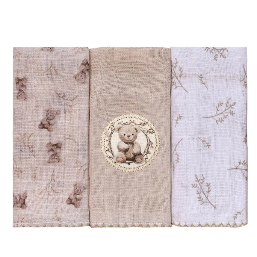 Kit Pano De Boca Baby Joy Soft Estampa Bordado Urso - 03 Peças