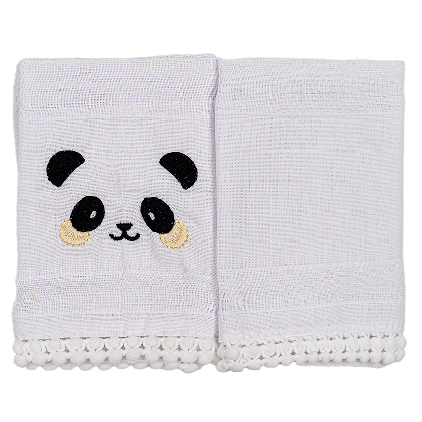 Kit Pano De Boca Incomfral Bordado Panda - 2 Peças Kit Pano De Boca Incomfral Bordado Panda - 2 Peças
