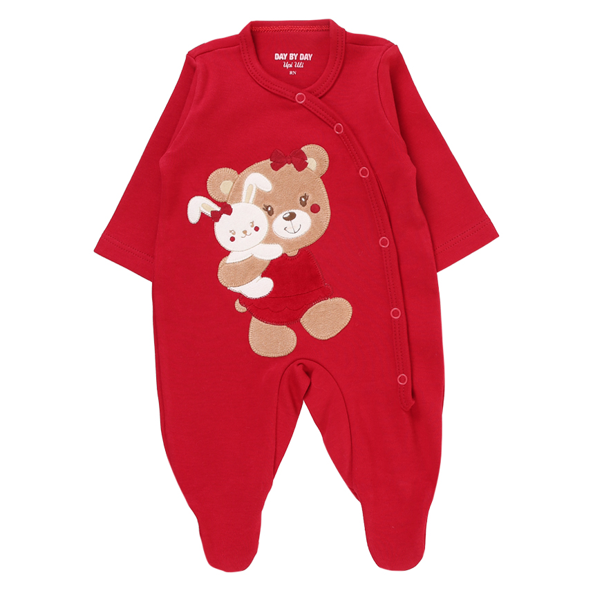 Macacão Longo Bebê Day By Day Suedine Estampa Bordado Ursa e Coelha
