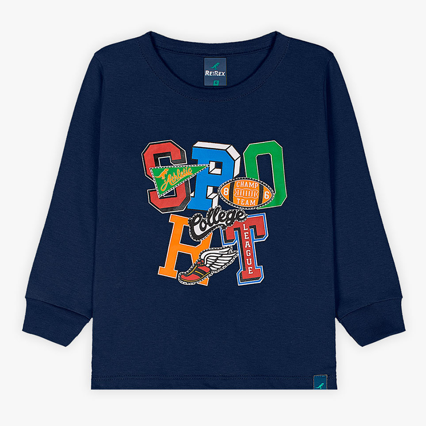 Camiseta Infantil Reirex Manga Longa Em Meia Malha Estampa Sport