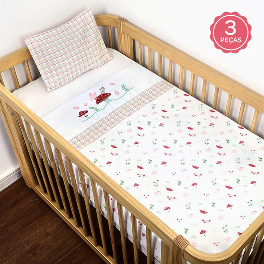 Jogo Lençol Dengo Bordado Cogumelo - 03 Peças Jogo Lençol Dengo Bordado Cogumelo - 03 Peças