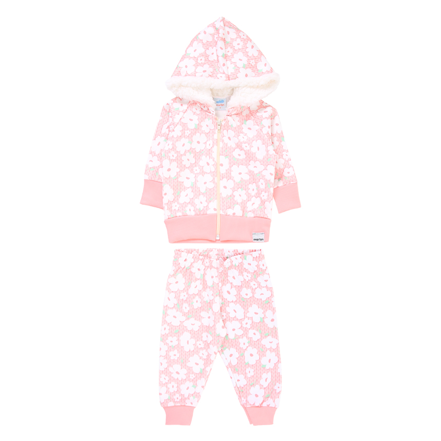 Conjunto Bebê Marlan Floral Jaqueta Com Capuz Pelinho + Calça