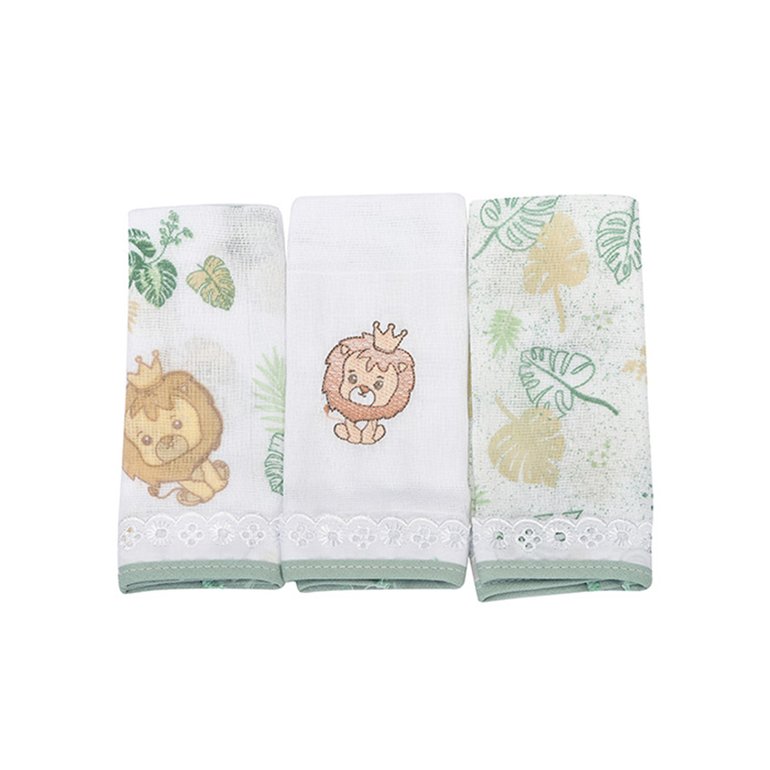 Pano de Boca Dengo Bordado Estampa Leão 03 Peças Pano de Boca Dengo Bordado Estampa Leão 03 Peças