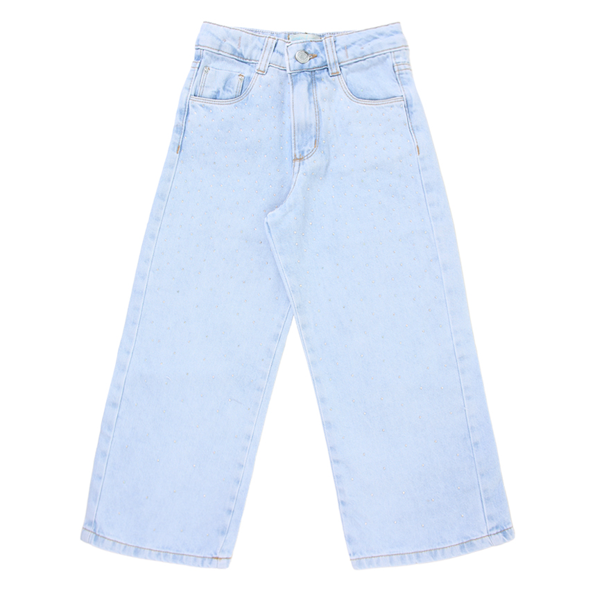 Calça Jeans Infantil Garota Lua Wide Leg Com Strass