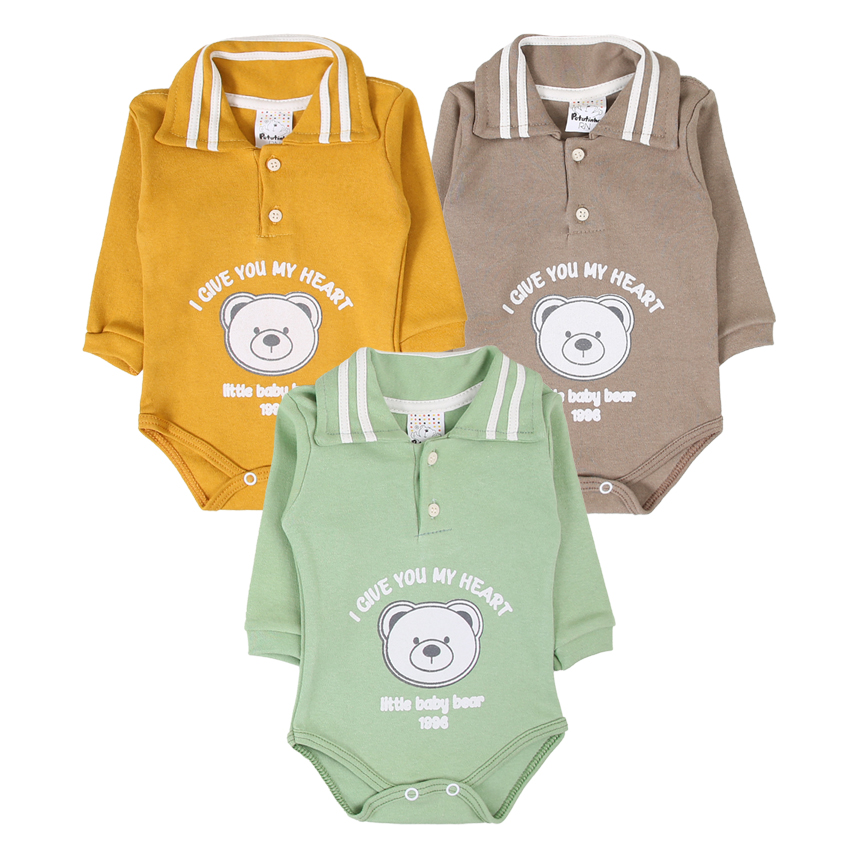 Kit Body Bebê Petutinha Polo Estampa Urso Bear - 3 Peças