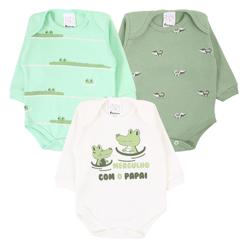 Kit Body Bebê Petutinha Estampa Pai Jacaré - 3 Peças