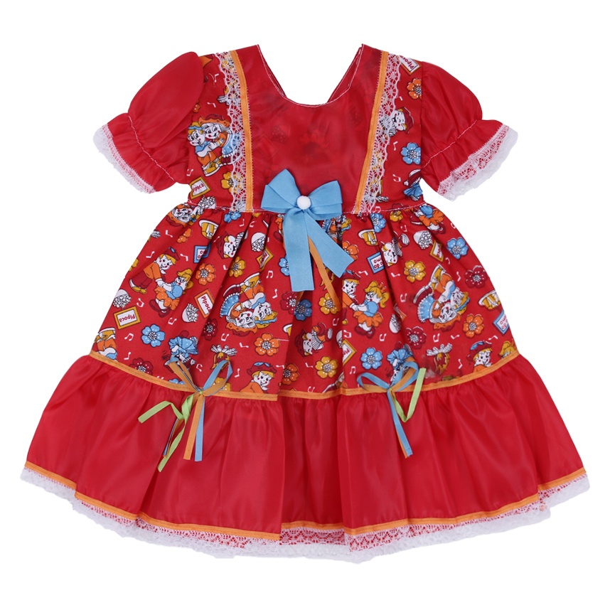 Vestido Bebê Planeta Rosa Junino Manga Curta Com Babado