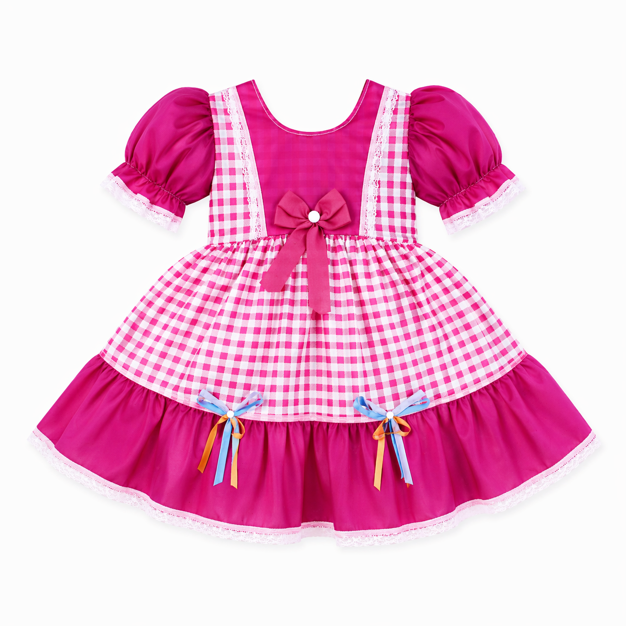 Vestido Bebê Planeta Rosa Junino Manga Curta Com Babado