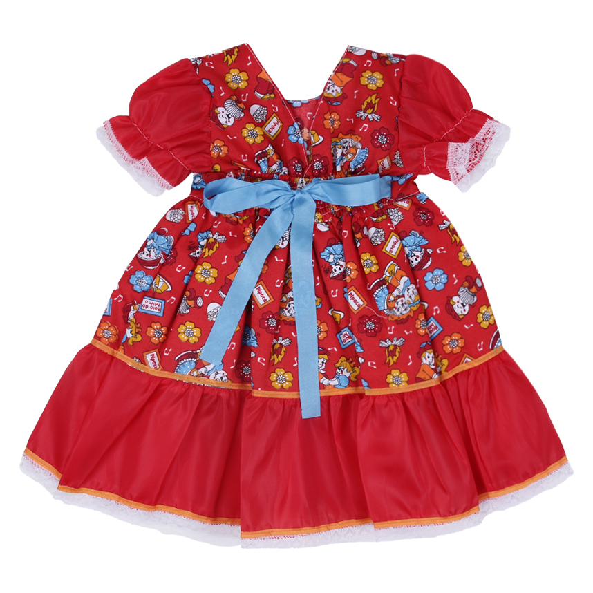 Vestido Bebê Planeta Rosa Junino Manga Curta Com Babado