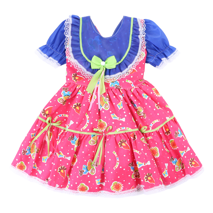 Vestido Infantil Planeta Rosa Junino Manga Curta Com Babado