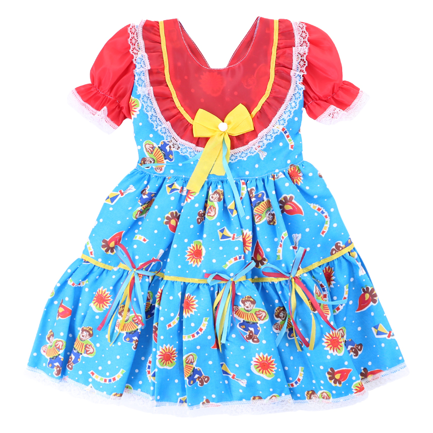 Vestido Infantil Planeta Rosa Junino Manga Curta Com Babado
