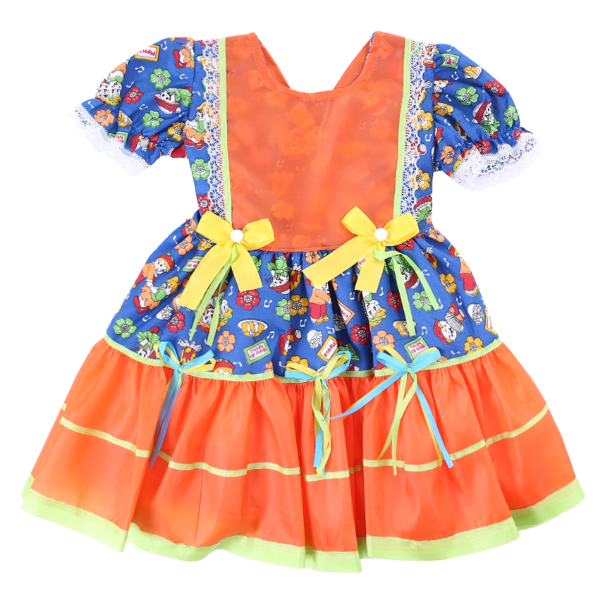 Vestido Infantil Planeta Rosa Junino Manga Curta Com Babado