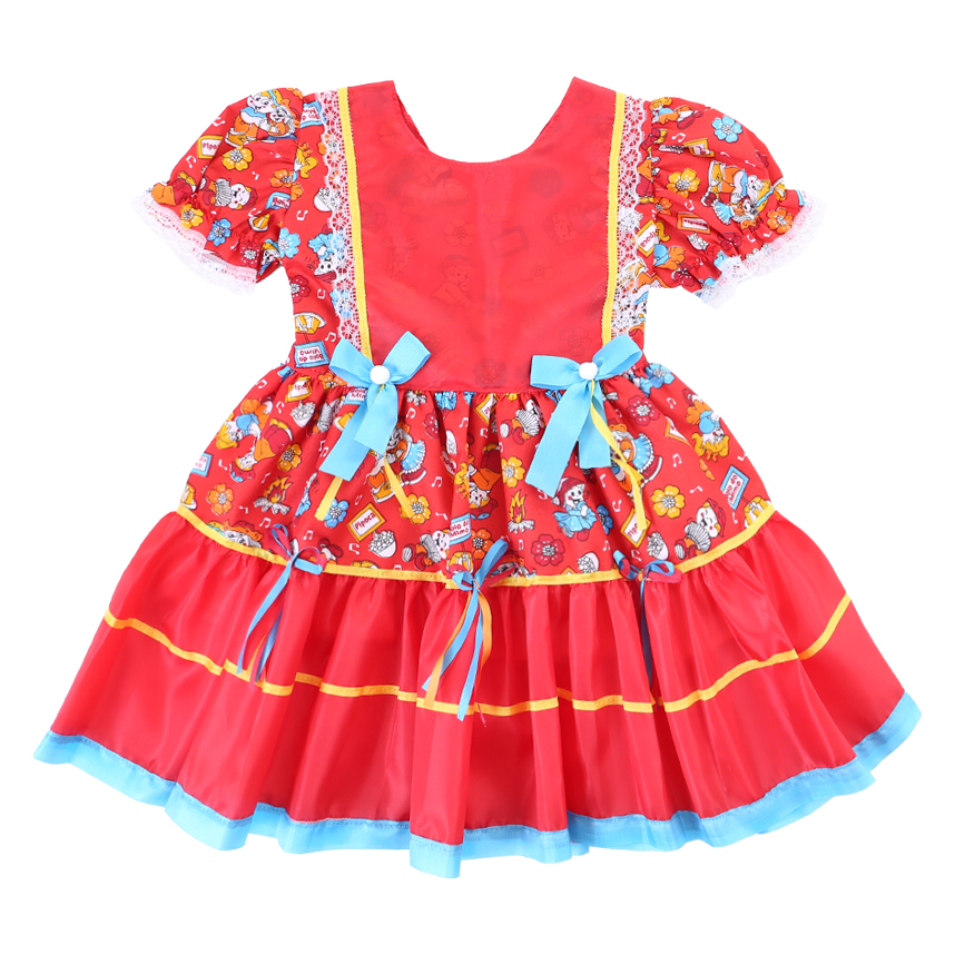 Vestido Infantil Planeta Rosa Junino Manga Curta Com Babado