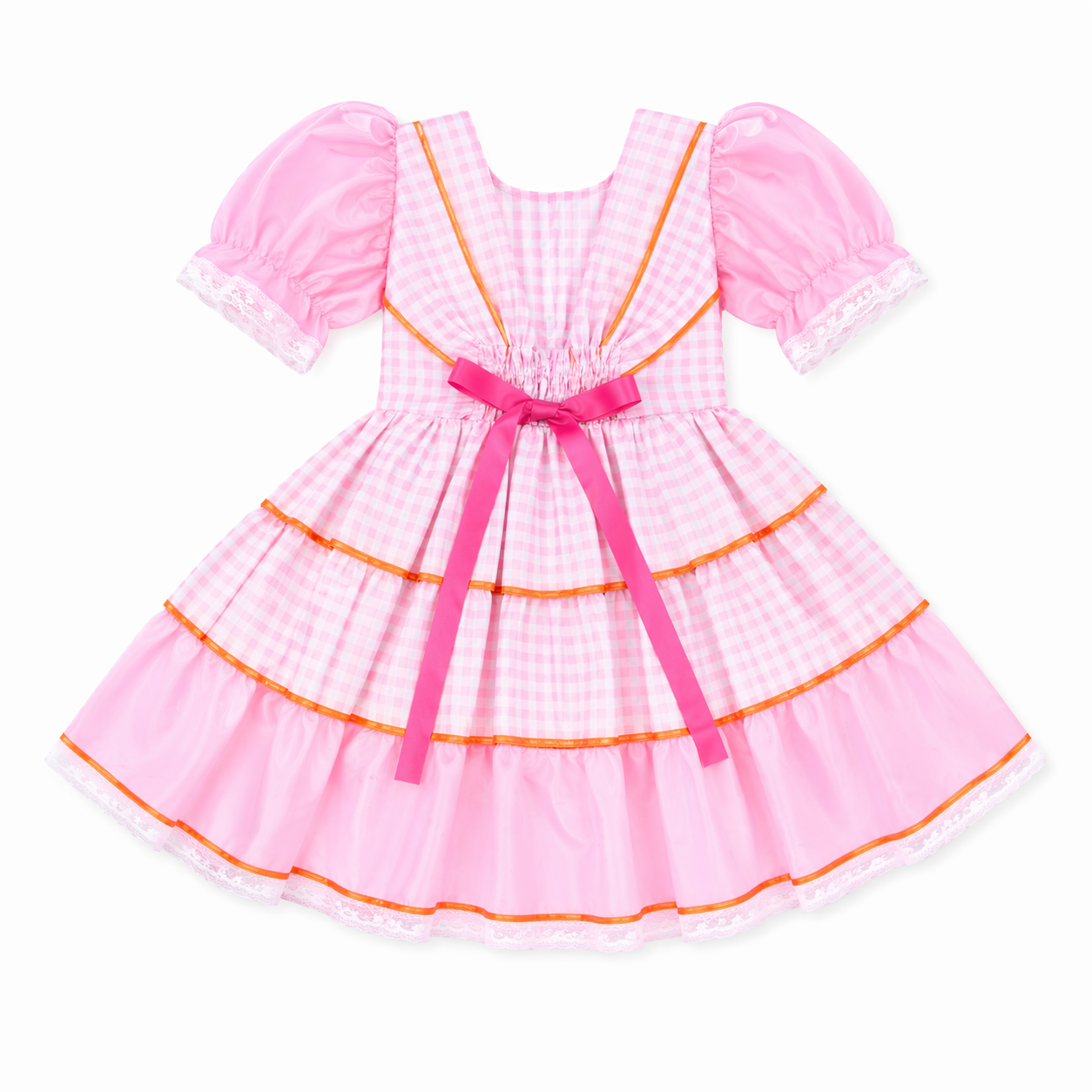 Vestido Infantil Planeta Rosa Junino Manga Curta Com Babado