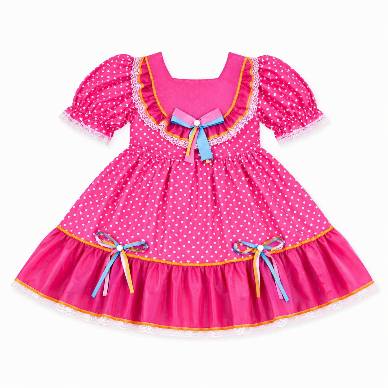 Vestido Infantil Planeta Rosa Junino Manga Curta Com Babado