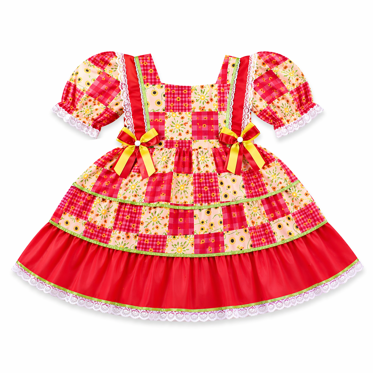 Vestido Infantil Planeta Rosa Junino Manga Curta Com Babado