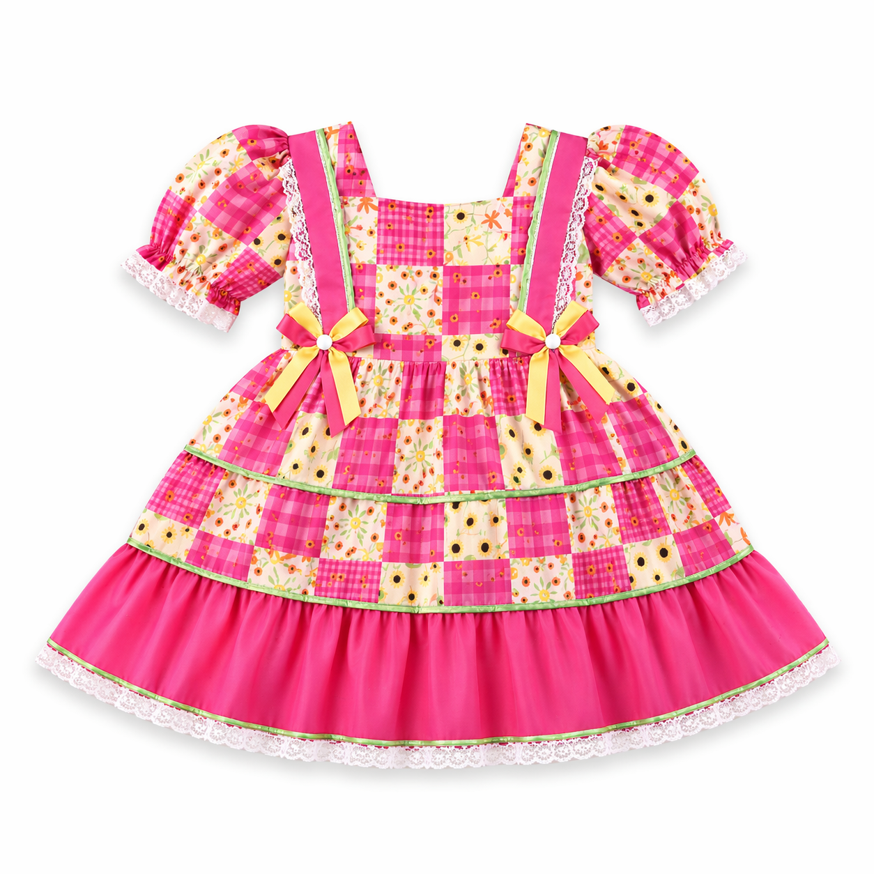 Vestido Infantil Planeta Rosa Junino Manga Curta Com Babado