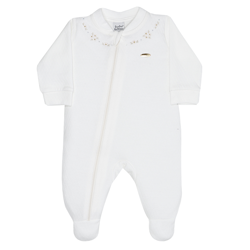 Macacão Bebê Longo Sonho Mágico Gola Bordado Flores Macacão Bebê Longo Sonho Mágico Gola Bordado Flores