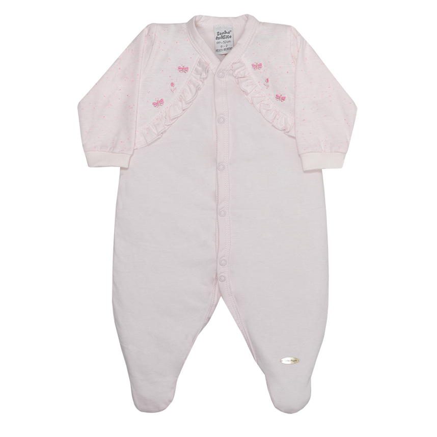 Macacão Longo Bebê Sonho Mágico Babado E Bordado Borboletas Macacão Longo Bebê Sonho Mágico Babado E Bordado Borboletas