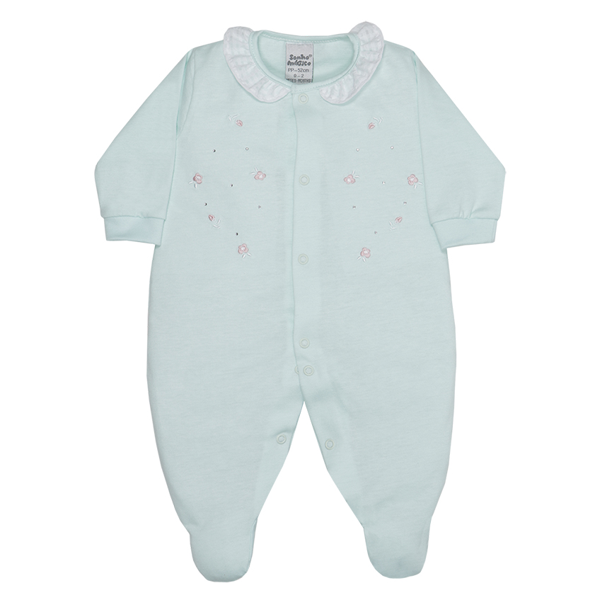 Macacão Longo Bebê Sonho Mágico Babado E Bordado Florzinhas Macacão Longo Bebê Sonho Mágico Babado E Bordado Florzinhas