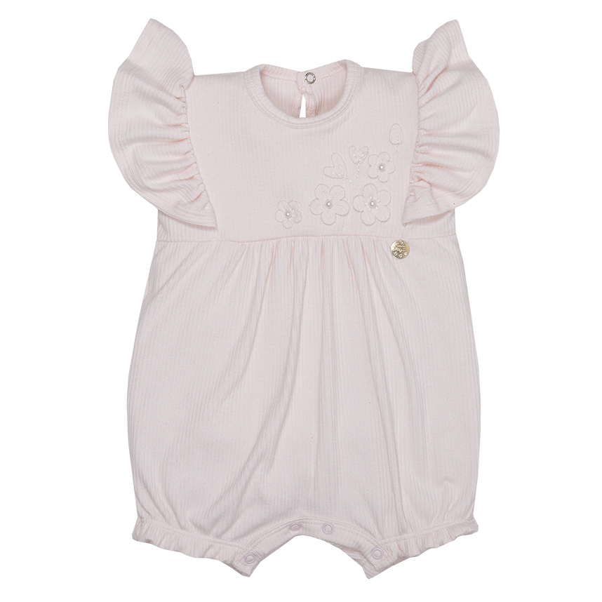 Macacão Curto Bebê Sonho Mágico Bordado de Flores
