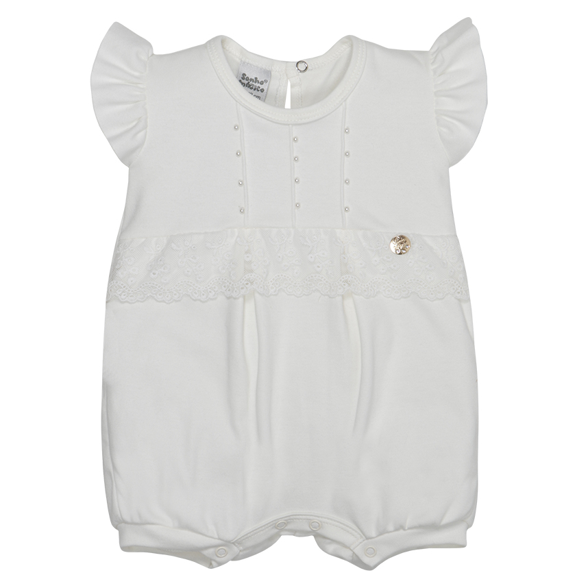 Macacão Curto Bebê Sonho Mágico Bordado de Flores