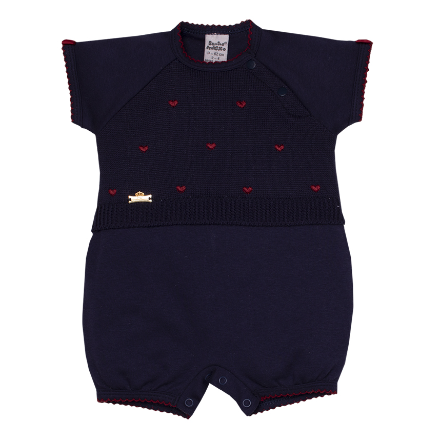 Macacão Curto Bebê Menina Sonho Mágico Bordado Corações Macacão Curto Bebê Menina Sonho Mágico Bordado Corações