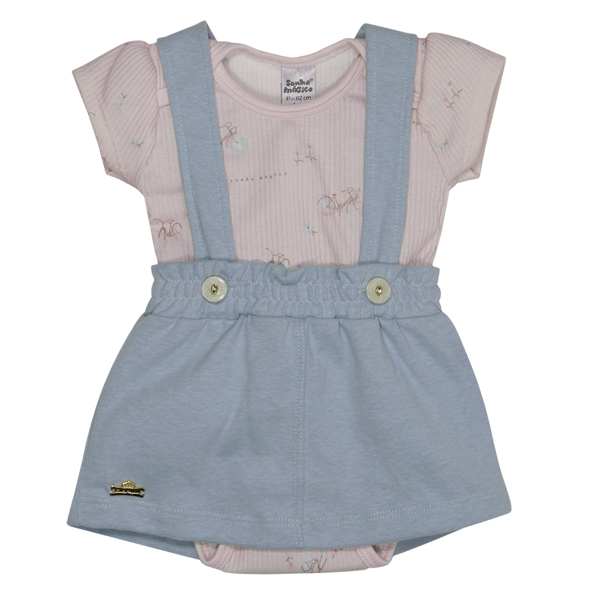 Salopete Curta Bebê Menina Sonho Mágico Body E Estampa Bike Salopete Curta Bebê Menina Sonho Mágico Body E Estampa Bike