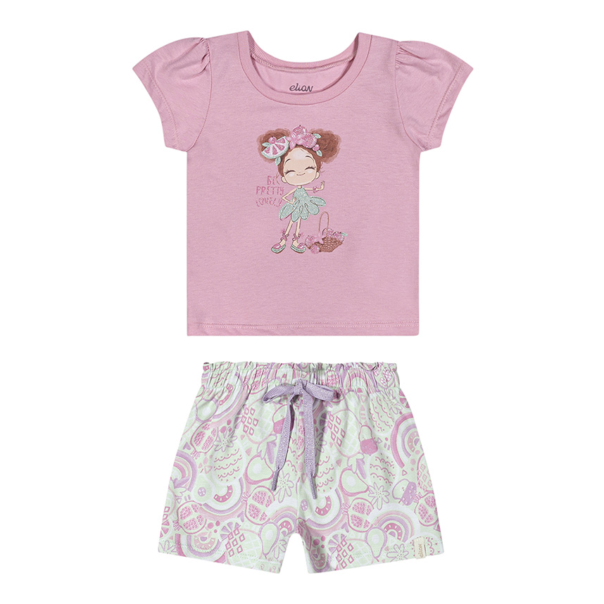 Conjunto Bebê Elian Blusa Meia Malha E Short Em Cotton Leve