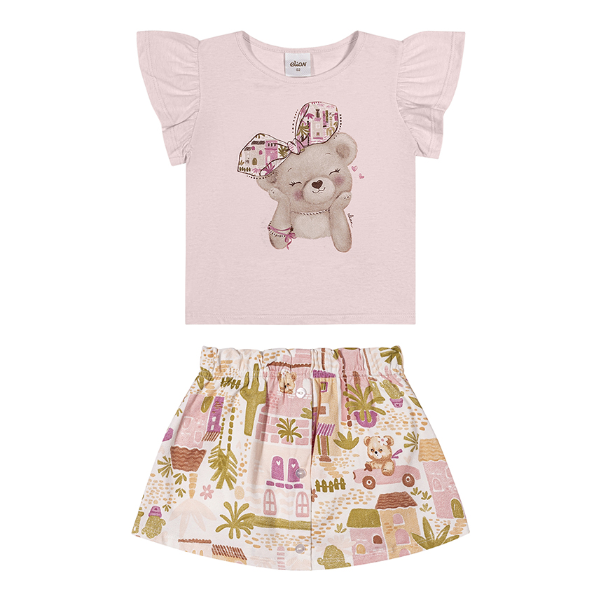 Conjunto Infantil Elian Blusa Malha Mescla E Saia Cotton