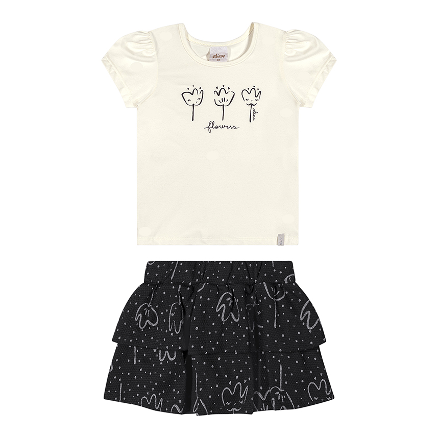 Conjunto Infantil Elian Blusa Cotton E Saia Malha Bubble