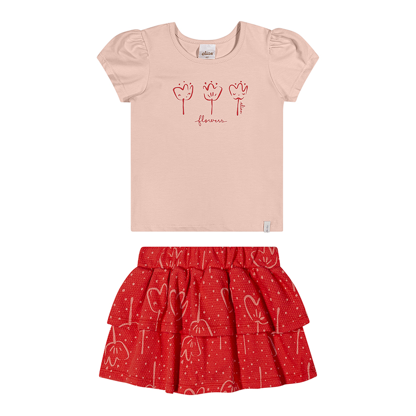Conjunto Infantil Elian Blusa Cotton E Saia Malha Bubble Conjunto Infantil Elian Blusa Cotton E Saia Malha Bubble