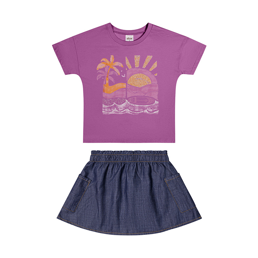 Conjunto Infantil Elian Blusa Meia Malha e Saia Jeans