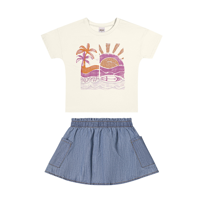Conjunto Infantil Elian Blusa Meia Malha e Saia Jeans Conjunto Infantil Elian Blusa Meia Malha e Saia Jeans