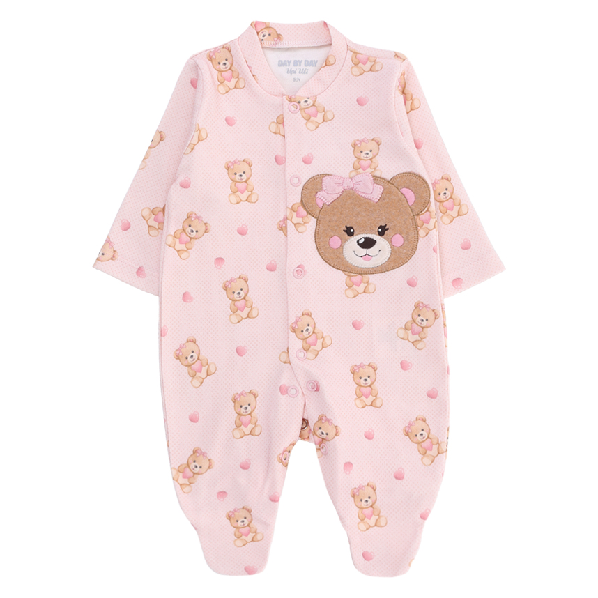 Macacão Bebê Upi Uli Manga Longa Bordado Ursinha