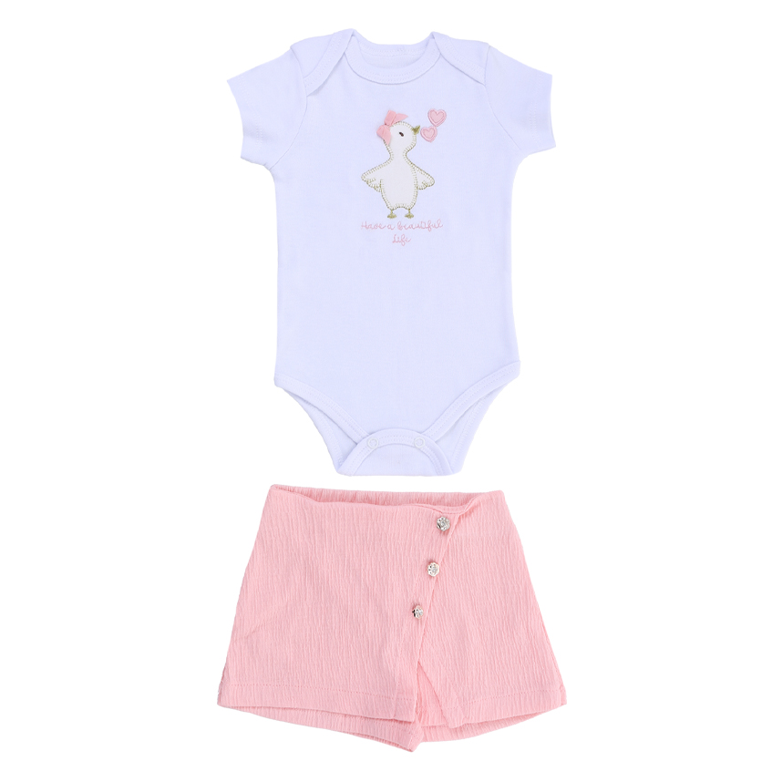 Conjunto Bebê Iaze Body E Short Saia Bordado Pássaro Conjunto Bebê Iaze Body E Short Saia Bordado Pássaro