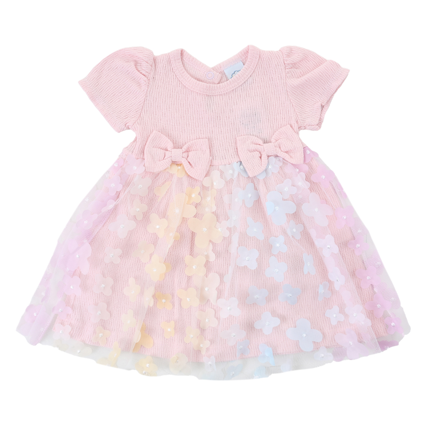 Vestido Bebê Iaze com Tule Flores E Laço Manga Curta Vestido Bebê Iaze com Tule Flores E Laço Manga Curta