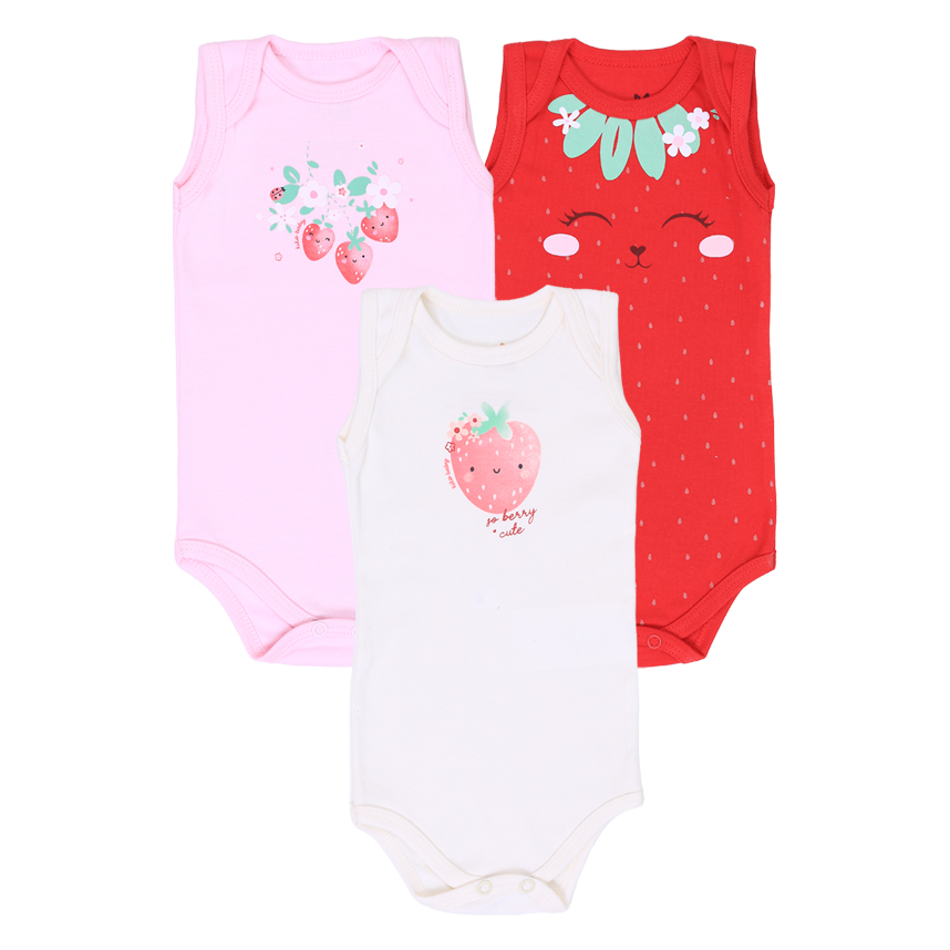 Kit Body Kiko Baby Regata Suedine Estampa Morangos 3 Peças