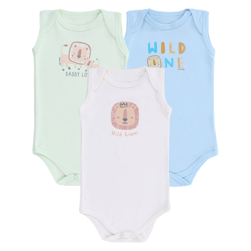 Kit Body Regata Kiko Baby Suedine Estampa Leão 3 Peças Kit Body Regata Kiko Baby Suedine Estampa Leão 3 Peças