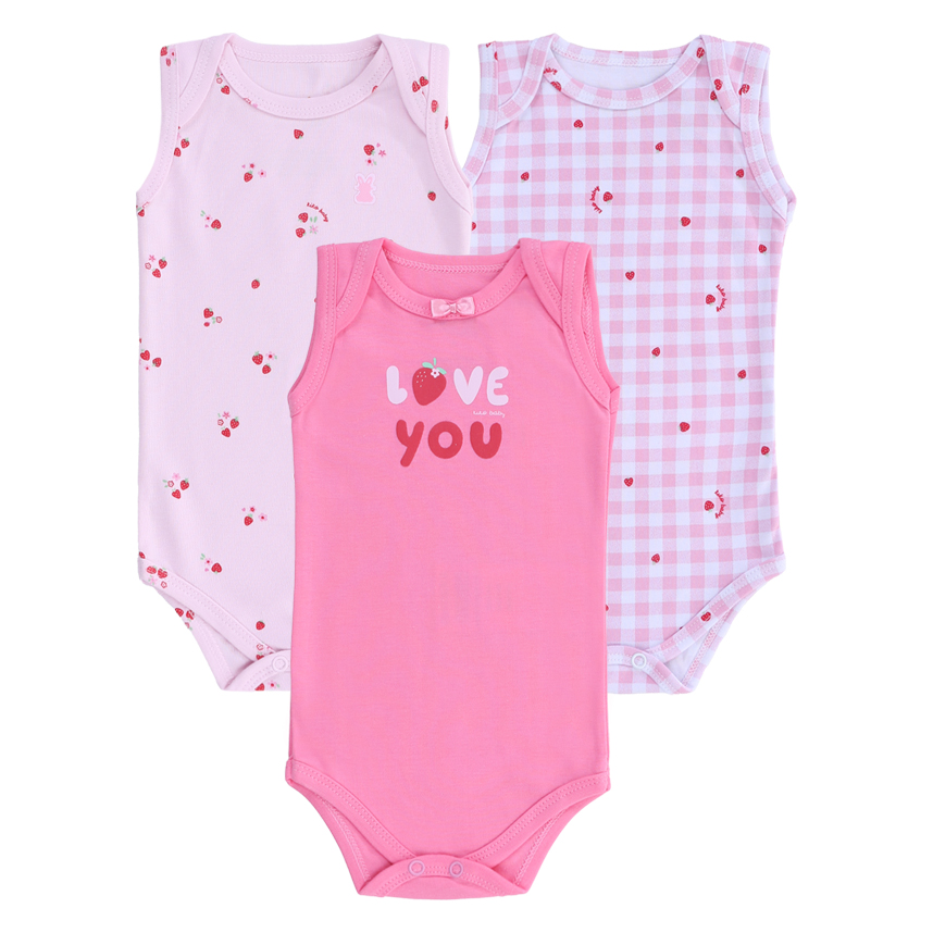 Kit Body Kiko Baby Manga Regata Estampa Morangos 3 Peças
