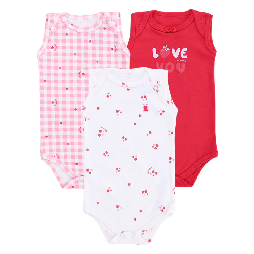Kit Body Kiko Baby Manga Regata Estampa Morangos 3 Peças