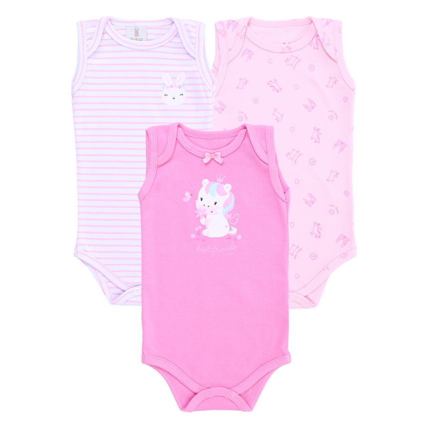 Kit Body Kiko Baby Manga Regata Coelho Unicórnio 3 Peças