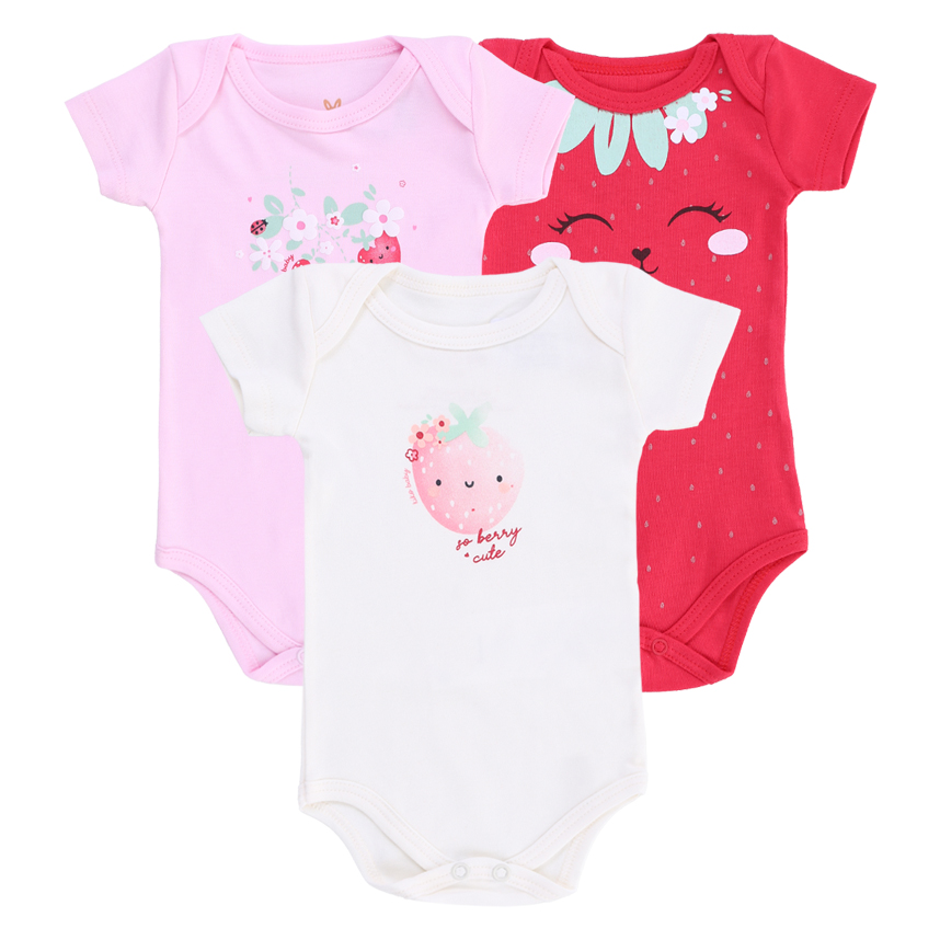 Kit Body Kiko Baby Manga Curta Estampa Morangos 3 Peças
