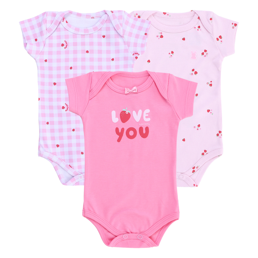 Kit Body Kiko Baby Manga Curta Estampa Morangos 3 Peças