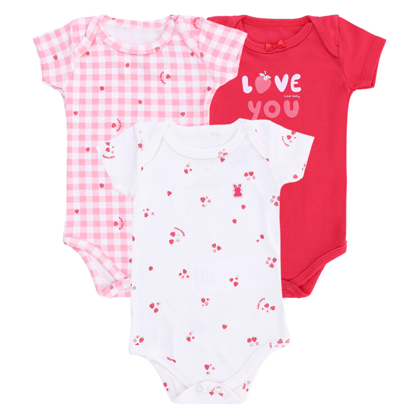 Kit Body Kiko Baby Manga Curta Estampa Morangos 3 Peças