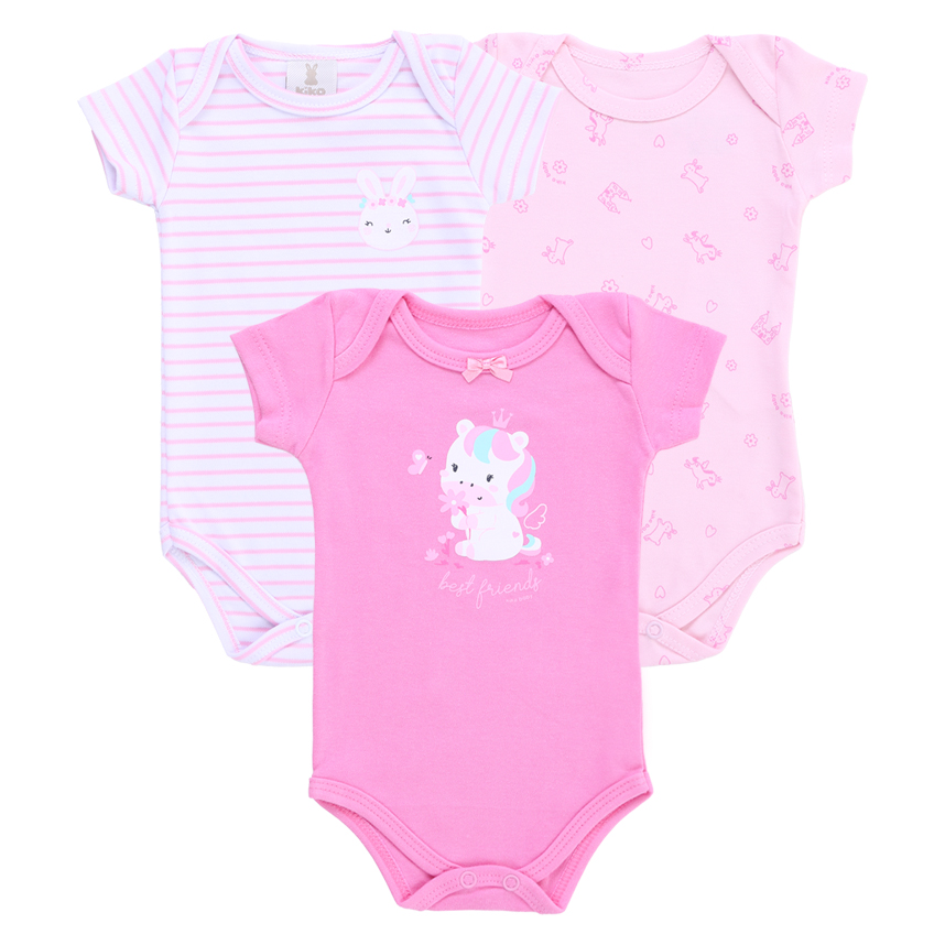 Kit Body Kiko Baby Manga Curta Coelho Unicórnio 3 Peças