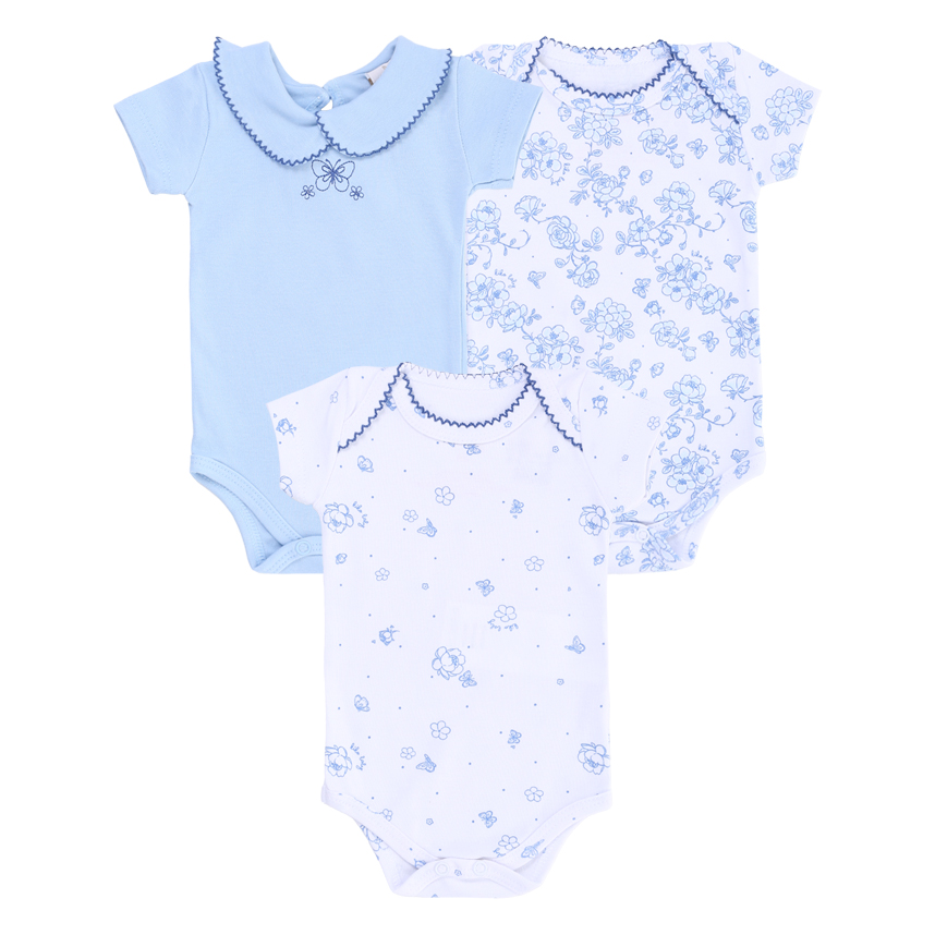 Body Kiko Baby Manga Curta Suedine Estampa Flores 3 Peças