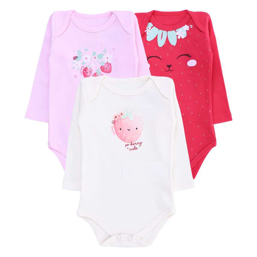 Kit Body Kiko Baby Manga Longa Estampa Morangos 3 Peças