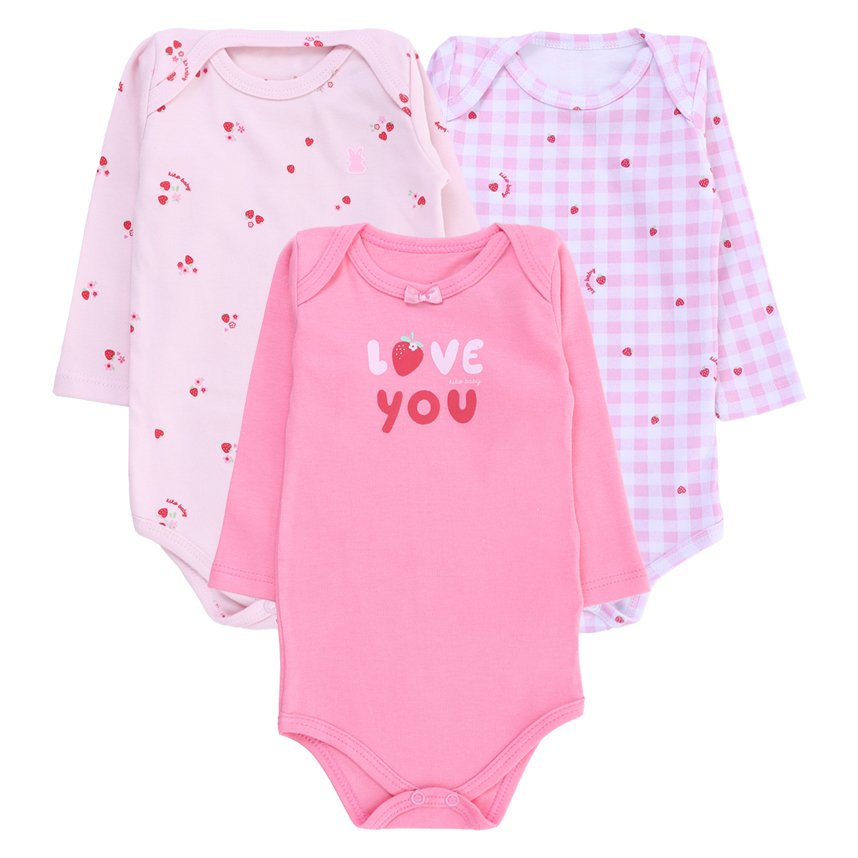 Kit Body Kiko Baby Manga Longa Estampa Morangos 3 Peças