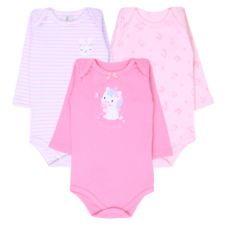 Kit Body Kiko Baby Manga Longa Coelho Unicórnio 3 Peças
